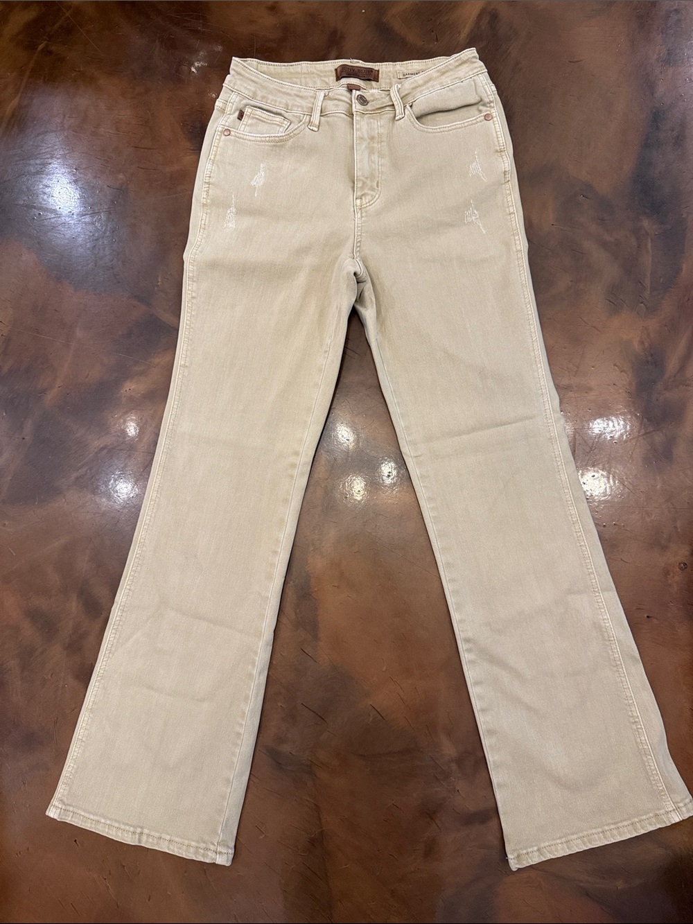 Judy Blue- Light Tan Boot Leg Jeans 7/28 Distressed Khaki Jean small stain back